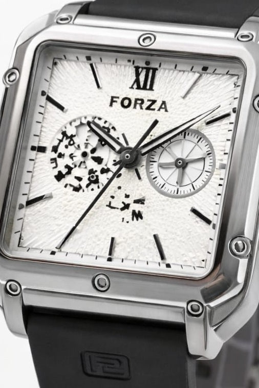 Forza Square Elite Automatic Watch: Stainless Steel Case with Black Silicone Strap