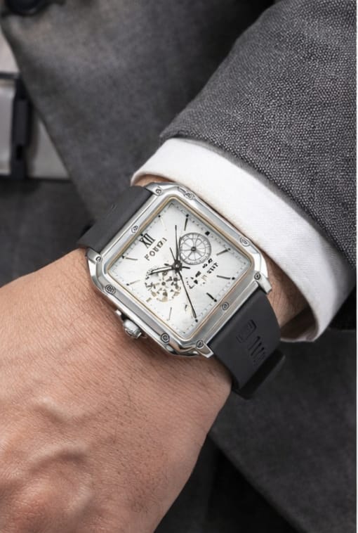 Forza Square Elite Automatic Watch: Stainless Steel Case with Black Silicone Strap