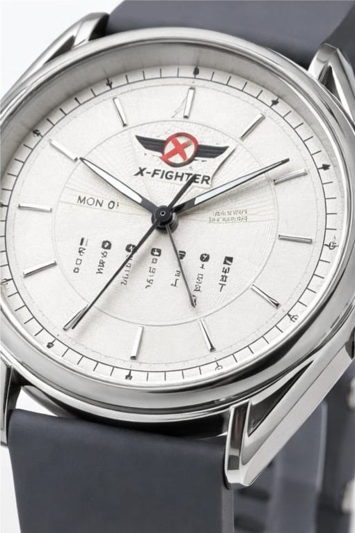 X-Fighter Silver Classic Watch – White Dial with Grey Silicone Strap